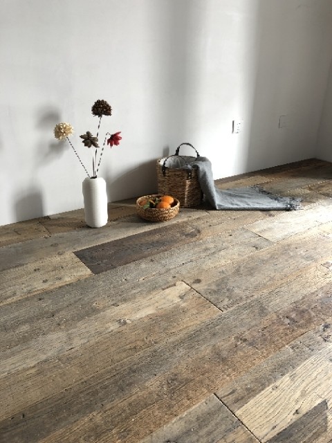 Reclaimed wood plank flooring